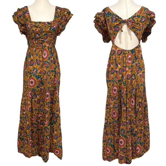 House of Harlow 1960 Jackie Mustard Floral Print Smocked Maxi Dress - Picture 8 of 13